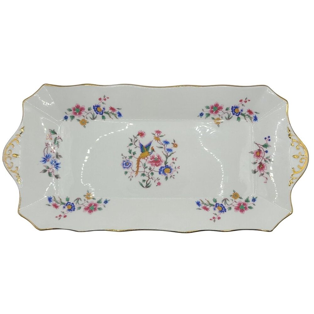 Hammersley Hand-Painted Peacock Porcelain Tray 24k Trim Floral & Bird 14" x 7"